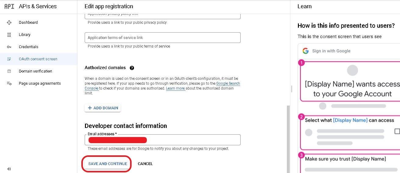 Google cloud project OAuth consent screen, section labeled Developer Contact Information