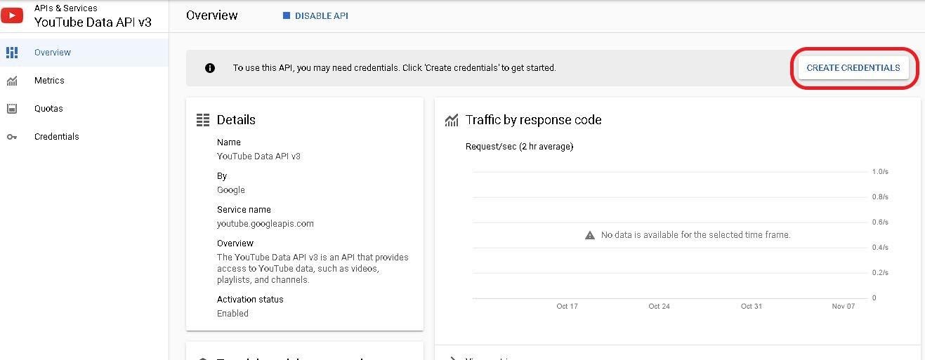 Google cloud project Overview window option CREATE CREDENTIALS highlighted