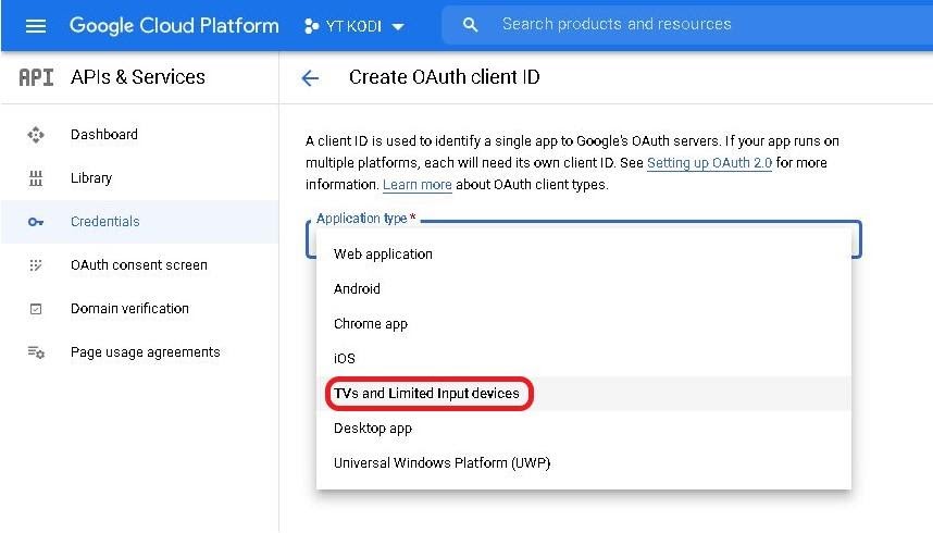 Google cloud project create OAuth client ID popup TVs and Limited Input Devices