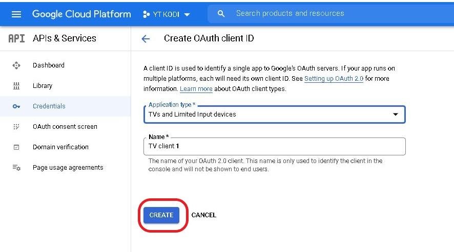 Google cloud project create OAuth client ID popup