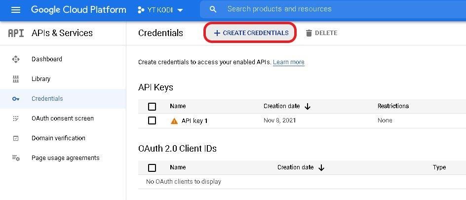 Google cloud project section CREDENTIALS tab CREATE CREDENTIALS