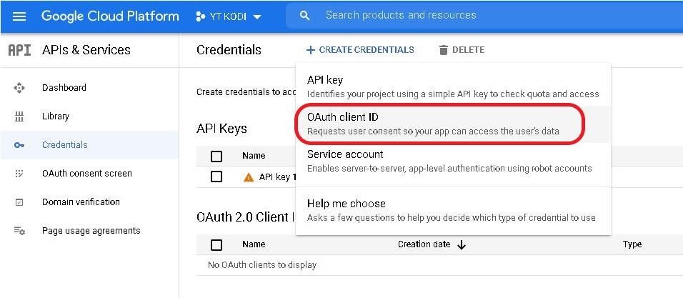 Google cloud project tab CREATE CREDENTIALS, OAuth client ID highlighted