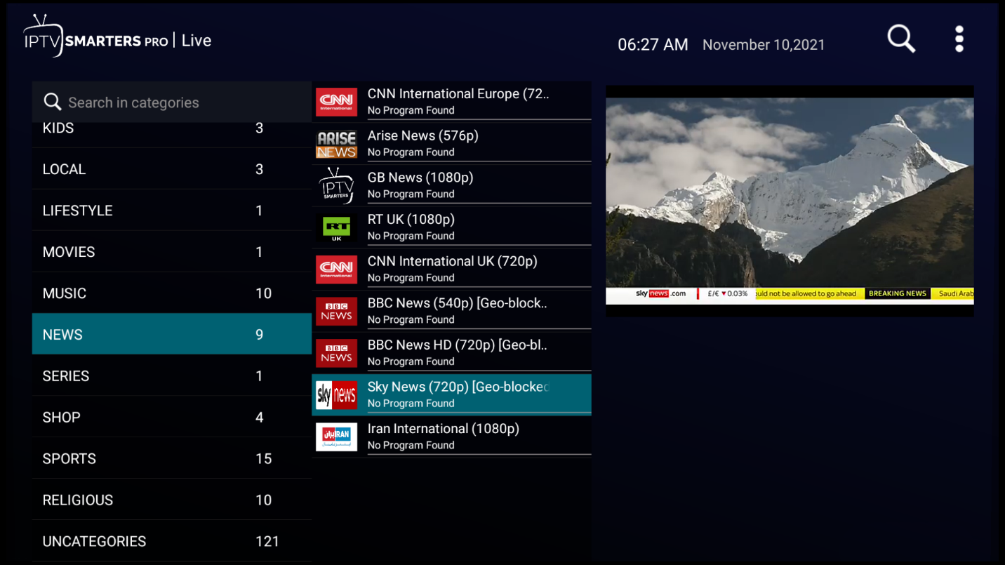 IPTV Smarters Live TV Screen