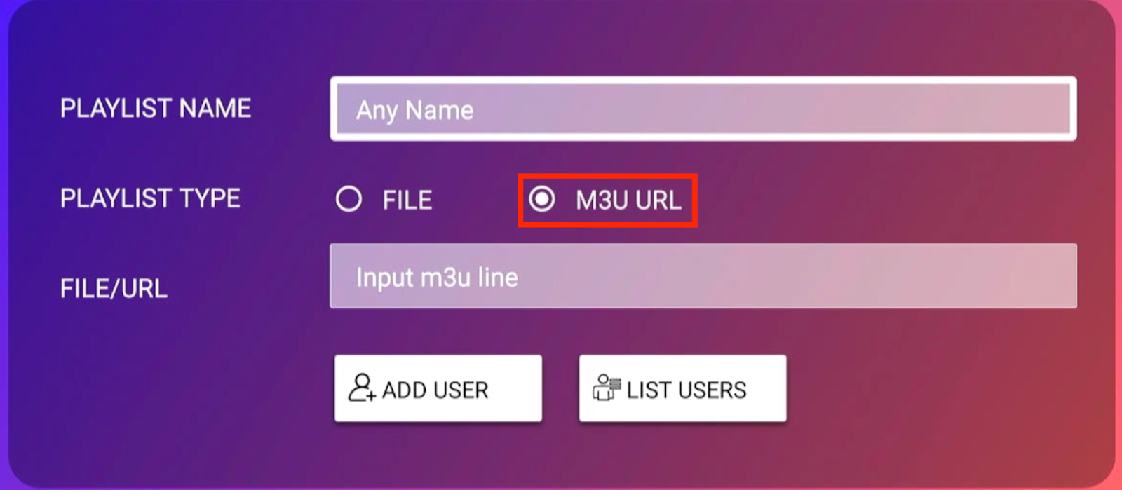 IPTV Smarters Load Your Playlist Menu with M3U URL highlighted