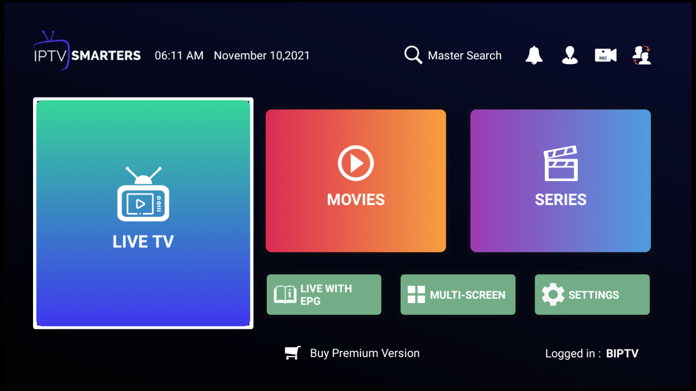  IPTV Smarters Main Screen