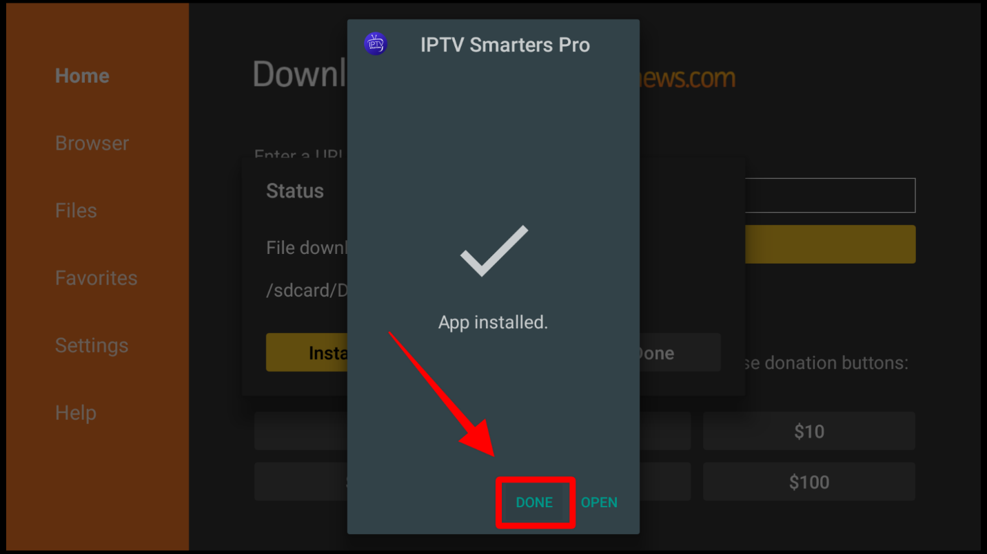 IPTV Smarters Pro installed and the button Done highlighted