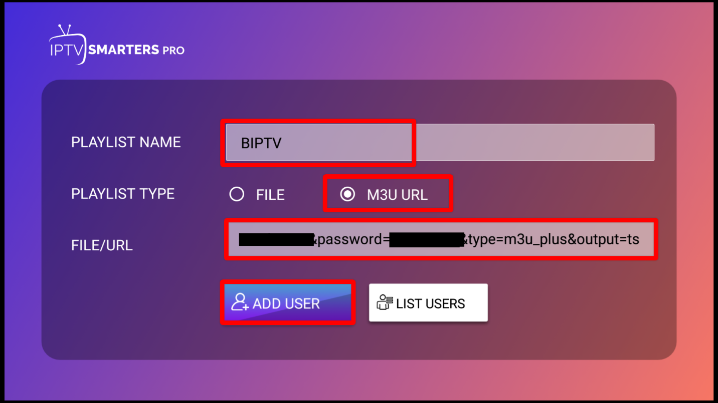 IPTV Smarters Pro interface for adding m3u playlist