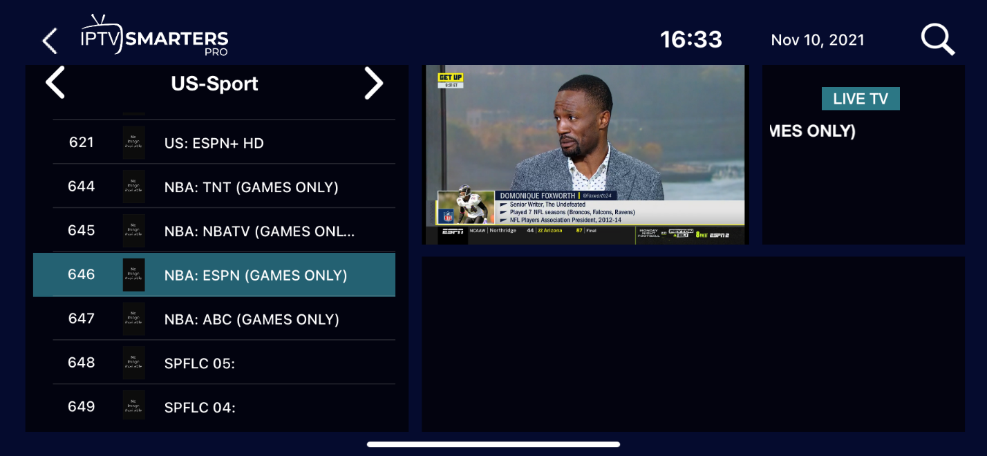 IPTV Smarters Pro user screen showing the US-Sport streaming menu