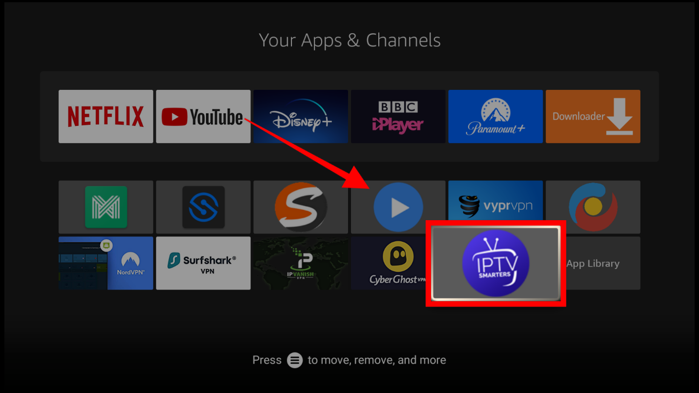 IPTV Smarters highlighted in the Apps & Channels section on Firestick