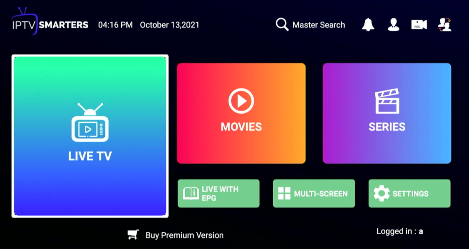 IPTV Smarters home screen with all your favorite live channels, TV shows, and movies