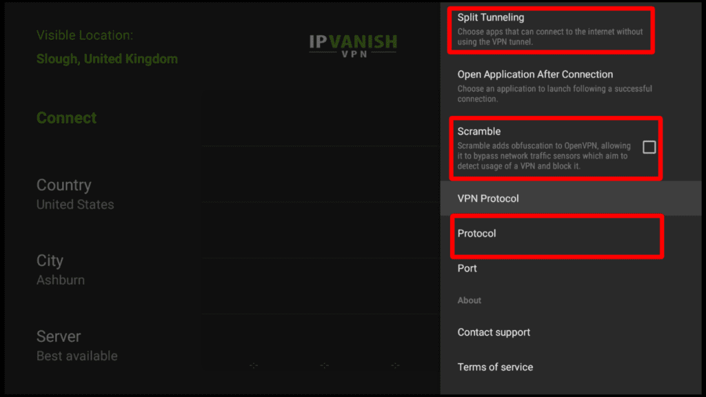 IPVanish settings options