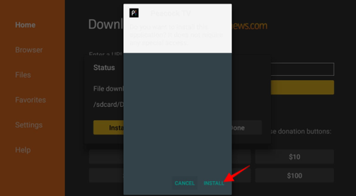 Install button on Peacock TV screen on Firestick