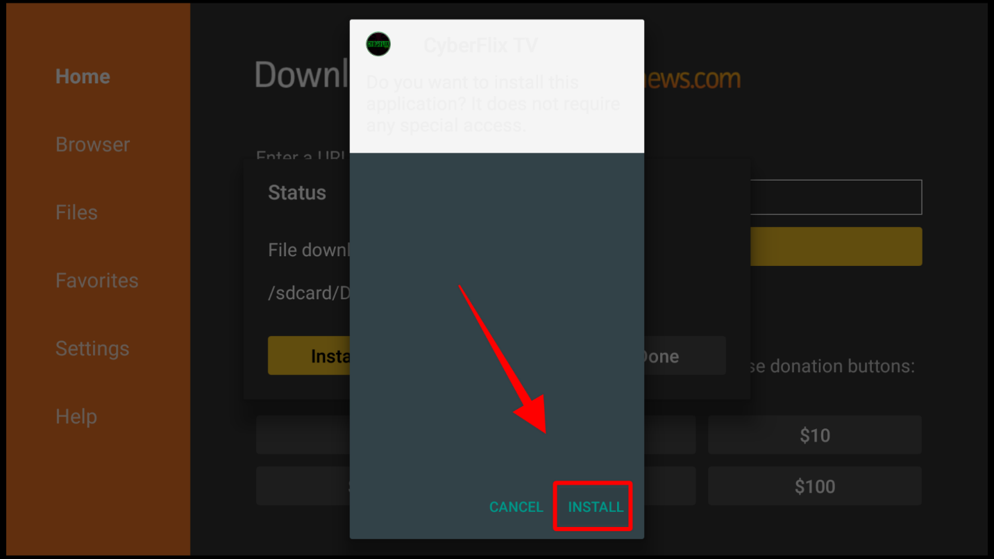 Install dialog box for CyberFlix on Firestick with the Install button highlighted