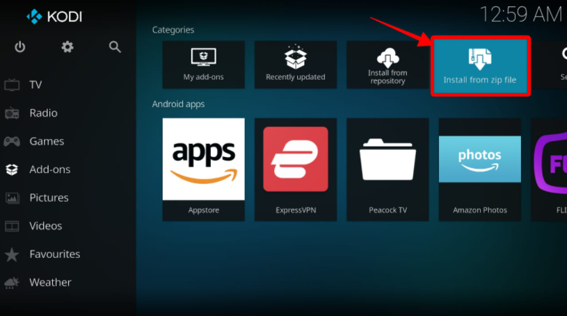 Kodi Add-on list, navigate and select the Install from zip file option