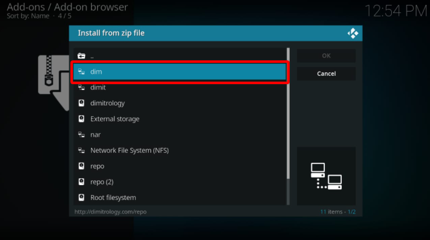 Kodi Add-on list, the Install from zip source file