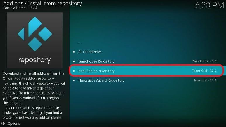 Kodi Add-on repository screen