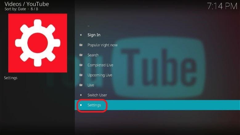 Kodi Add-on tab under Video addon YouTube settings highlighted