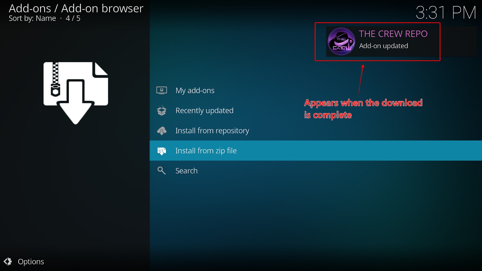 Kodi Add-ons menu showing The Crew Repo addon as updated