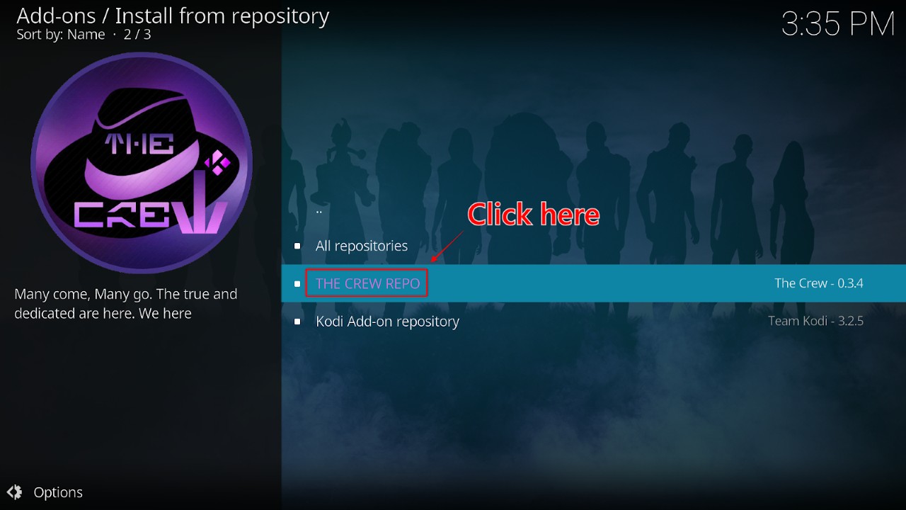 Kodi Add-ons repository list showing THE CREW REPO as one of the options and highlighted for clicking