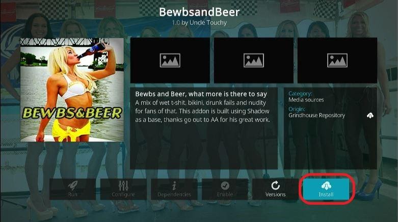 Kodi Bewbsandbeer addon Install button highlighted