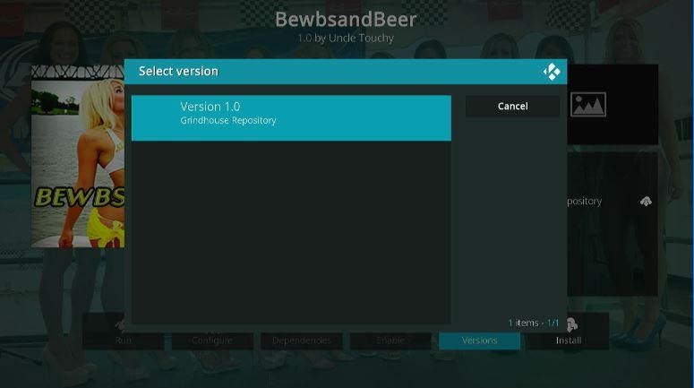 Kodi Bewbsandbeer addon select version screen