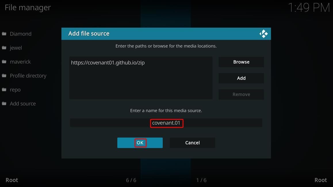 Kodi File Manager, Add file source naming it Covenant.01