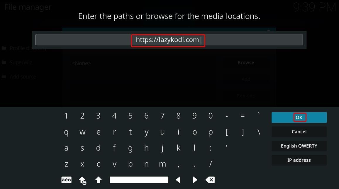 Kodi File Manager screen, lazykodi.com URL highlighted