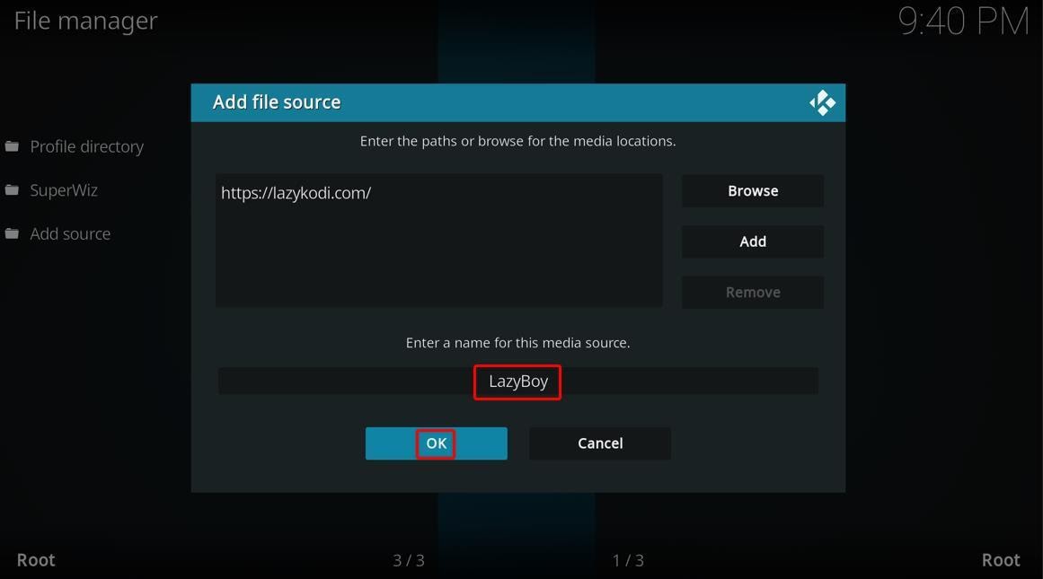 Kodi File Manager screen, naming file source