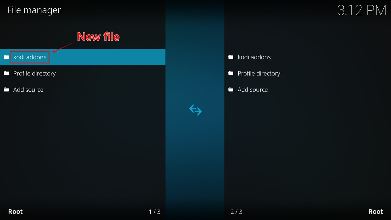 Kodi File Manager showing ‘kodi addons’ added in the file menu