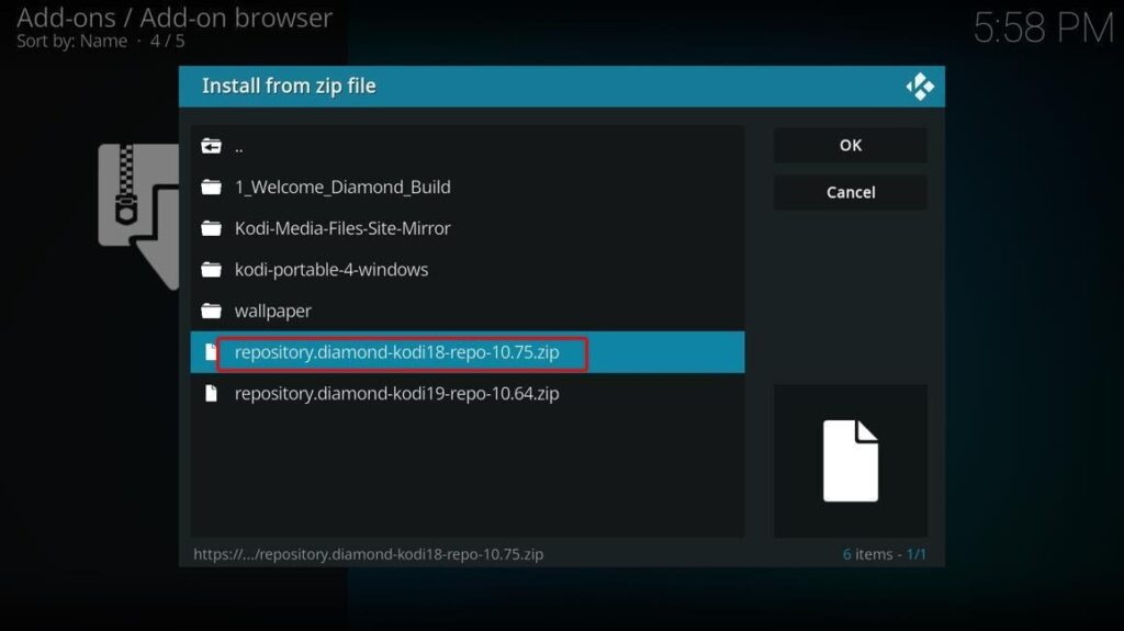 Kodi Install from zip file menu with diamond repository highlighted