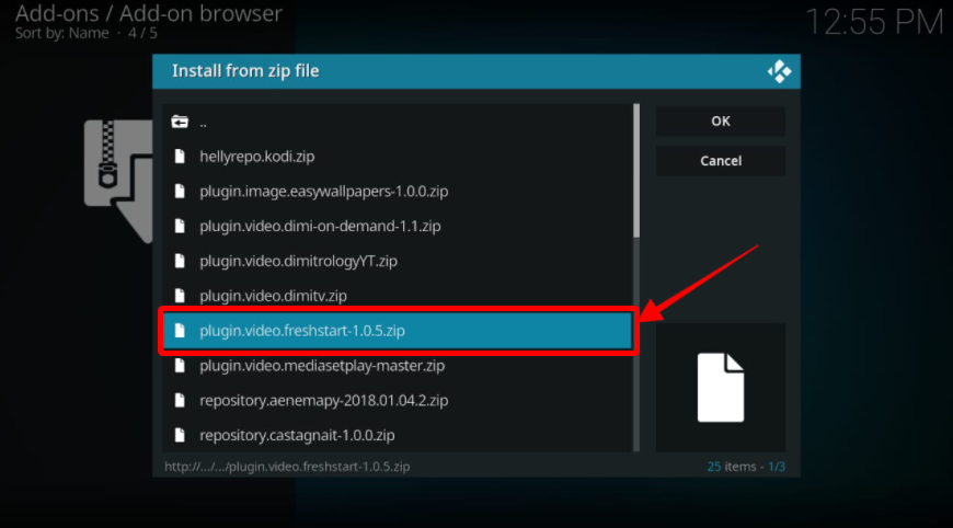 Kodi Install from zip installing Fresh Start plugin