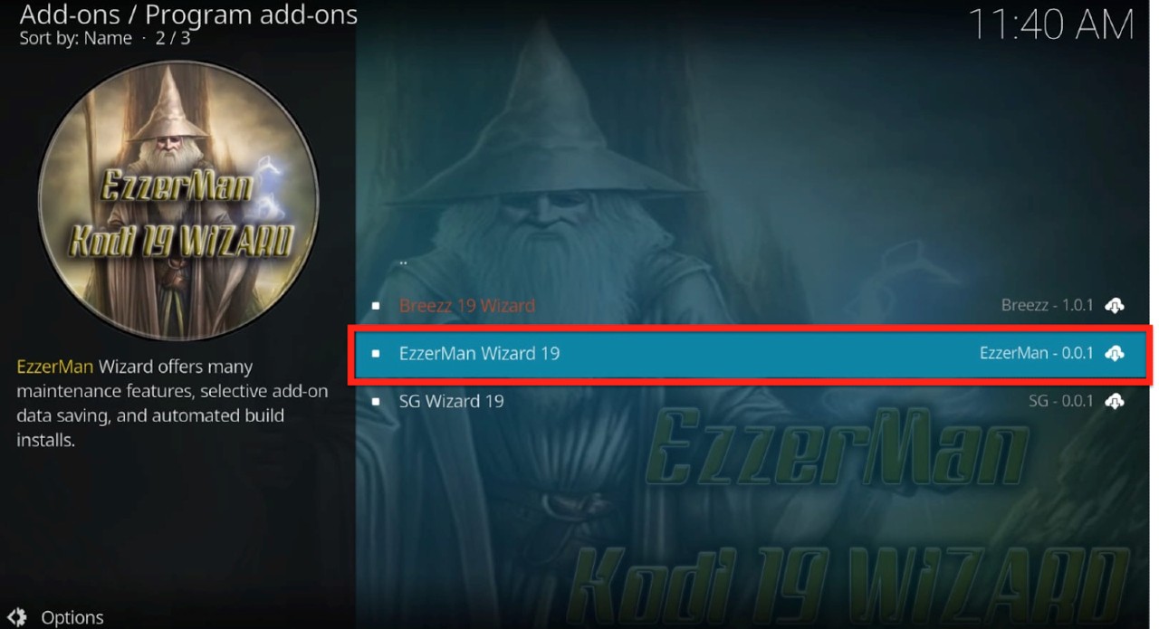 Kodi Program add-ons EzzerMac Wizard 19 highlighted