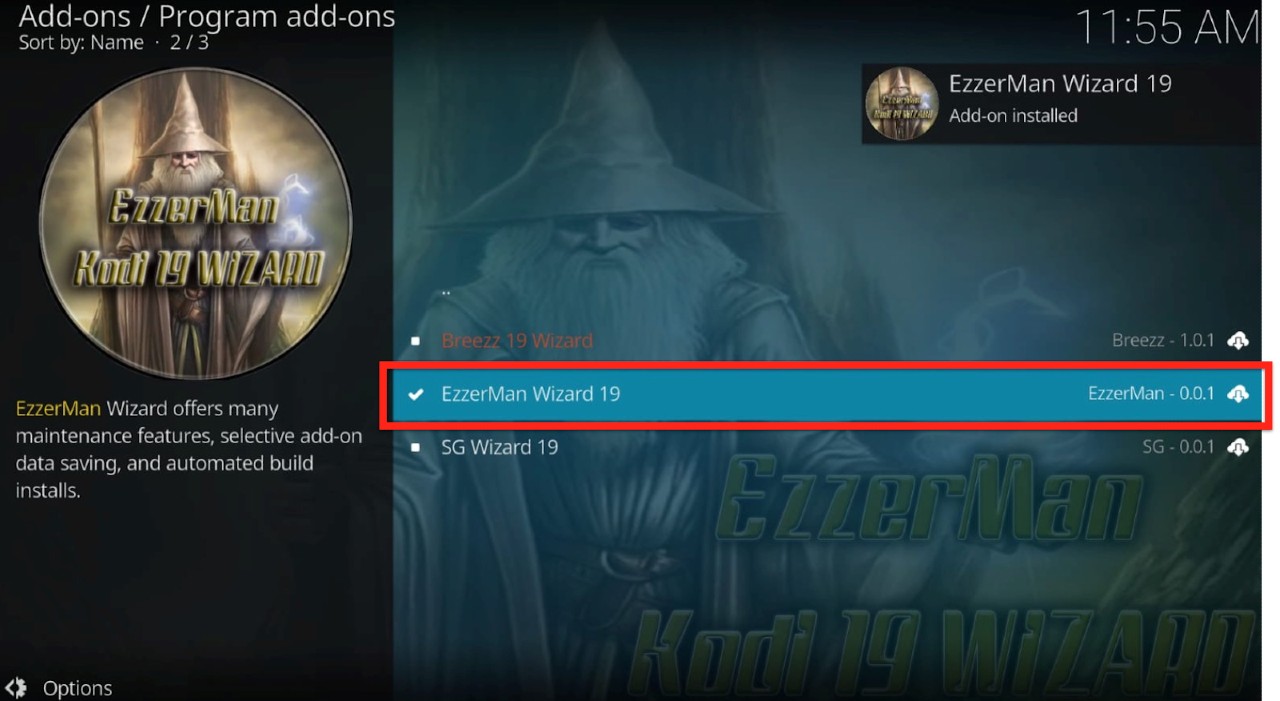 Kodi Program add-ons EzzerMac Wizard 19 installed prompt