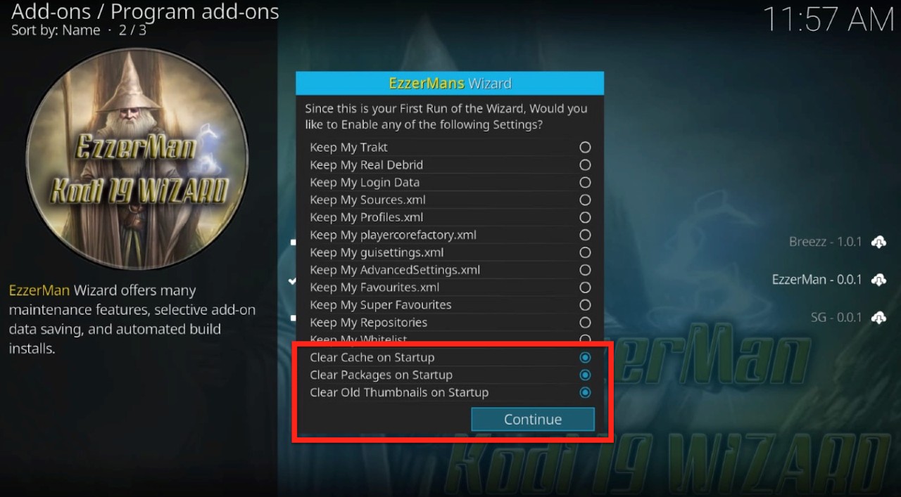 Kodi Program add-ons EzzerMac Wizard setting prompt