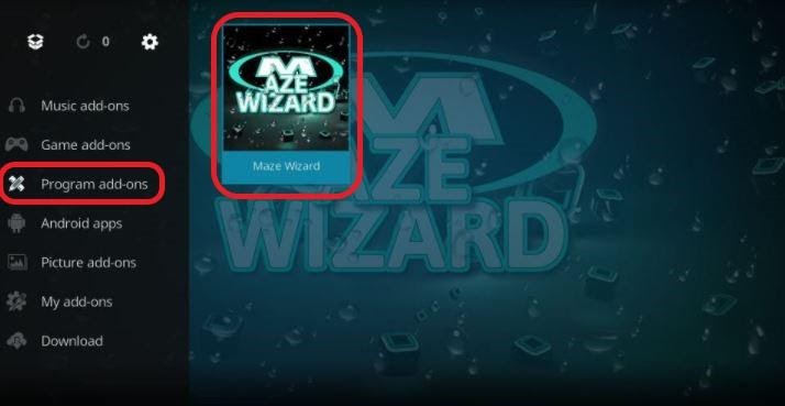 Kodi Program add-ons screen, Maze Wizard highlighted