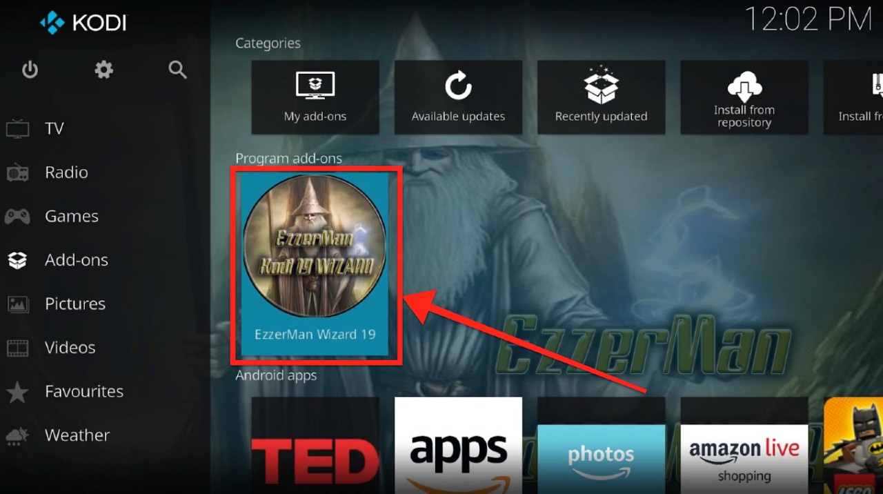 Kodi Program addons, click freshly installed EzzerMacs Wizard
