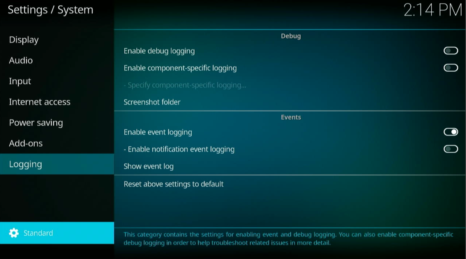 Kodi System settings menu with Standard button highlighted