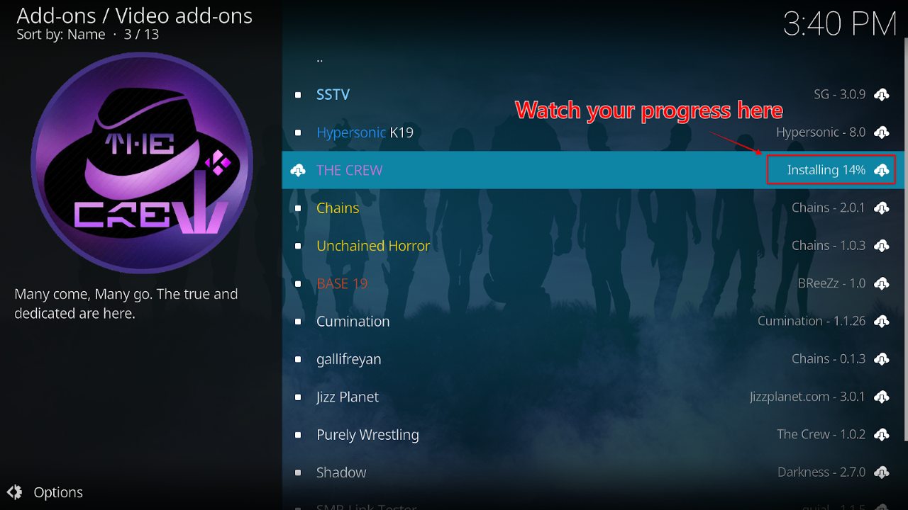 Kodi Video add-ons window showing The Crew’s installation progress in percentage