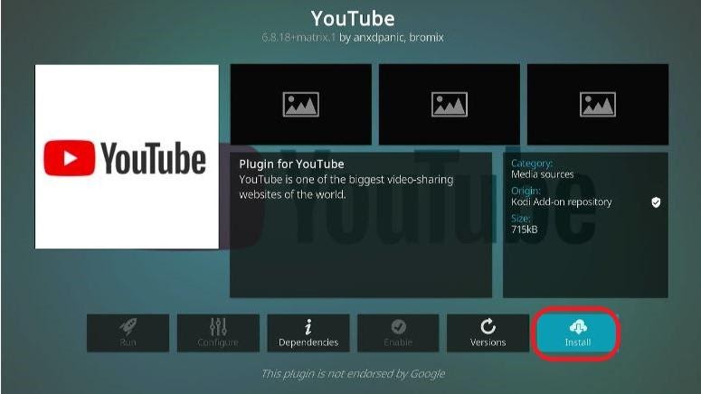 Kodi Youtube install button highlighted