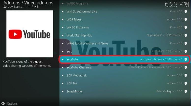 Kodi add-on Youtube highlighted