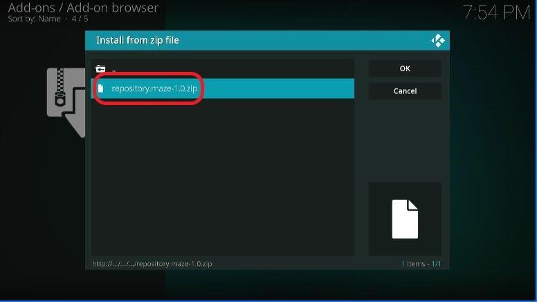 Kodi add-on screen, Maze repository zip file highlighted