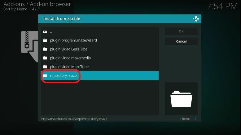 Kodi add-on screen, repository.maze file highlighted
