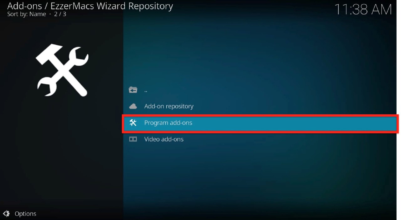 Kodi add-ons EzzerMacs Wizard repository prompt Program add-ons highlighted