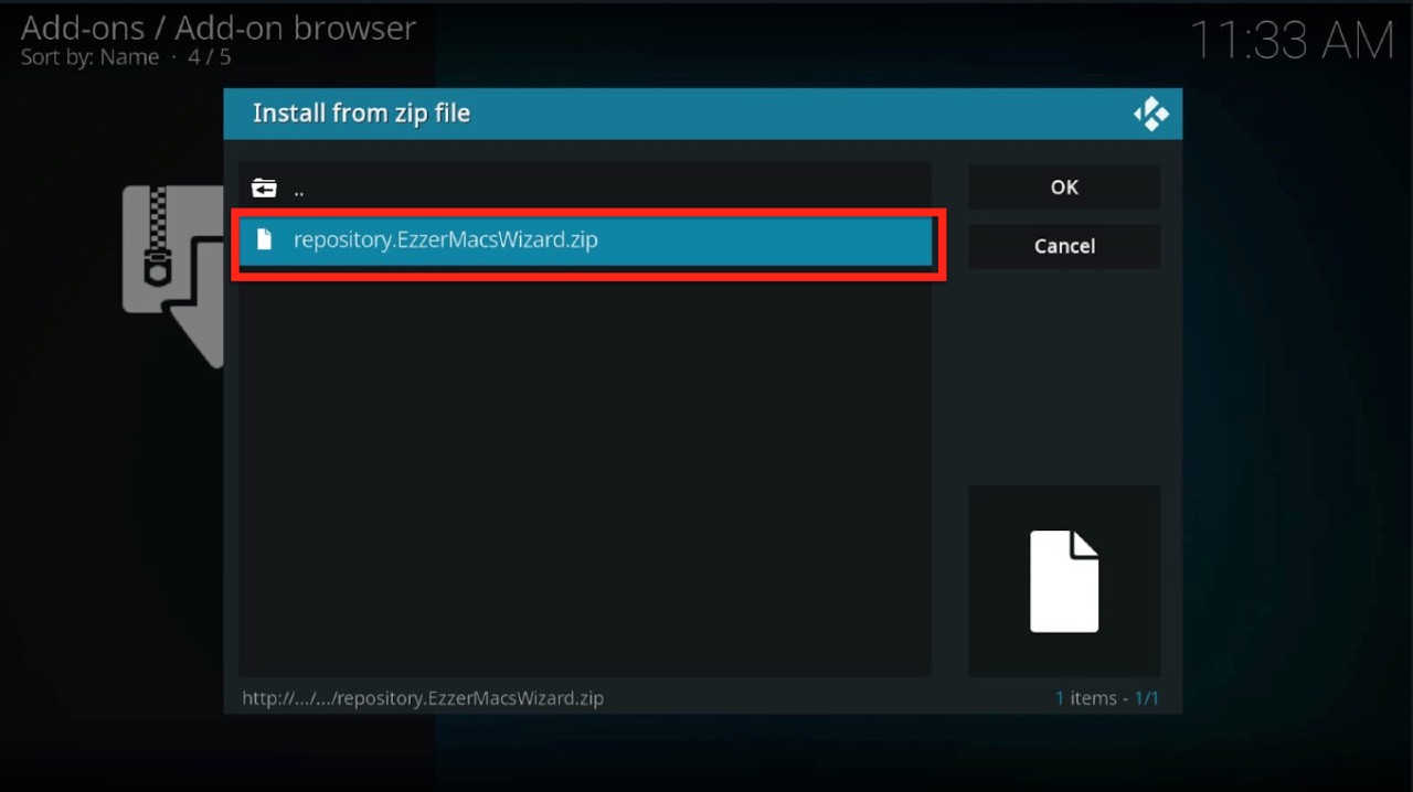 Kodi add-ons prompt EzzerMacs repository zip file install pop-up