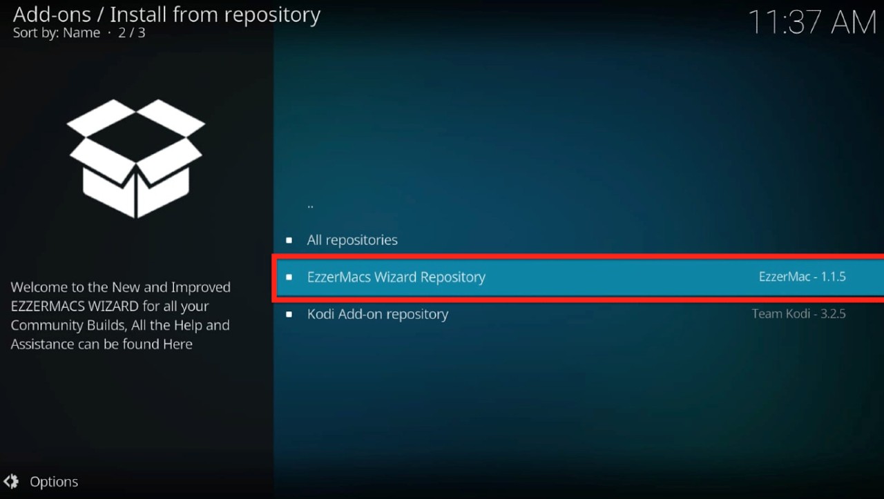 Kodi add-ons repository prompt EzzerMacs Wizard repository highlighted