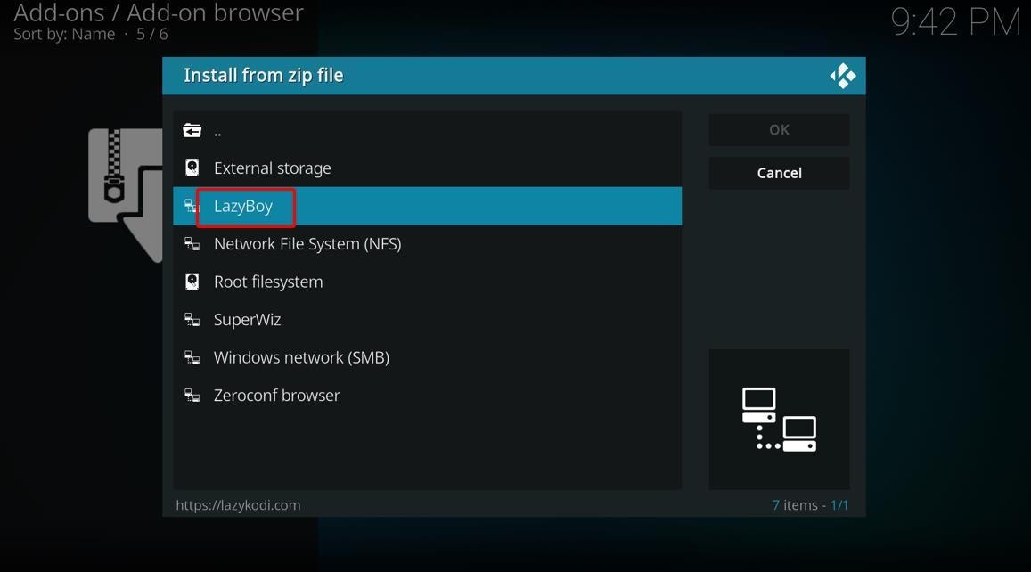 Kodi add-ons screen, LazyBoy zip file Highlighted