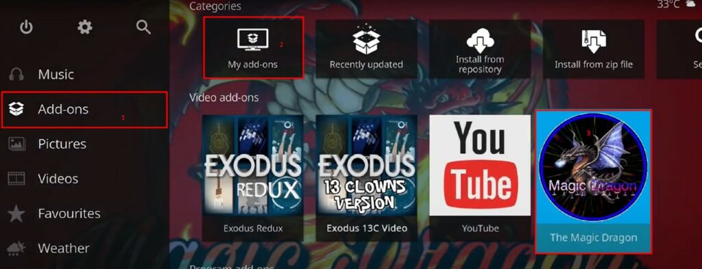 Kodi add-ons screen with the Magic Dragon