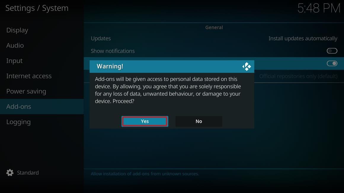 Kodi addon prompt to enabled Unknown Sources