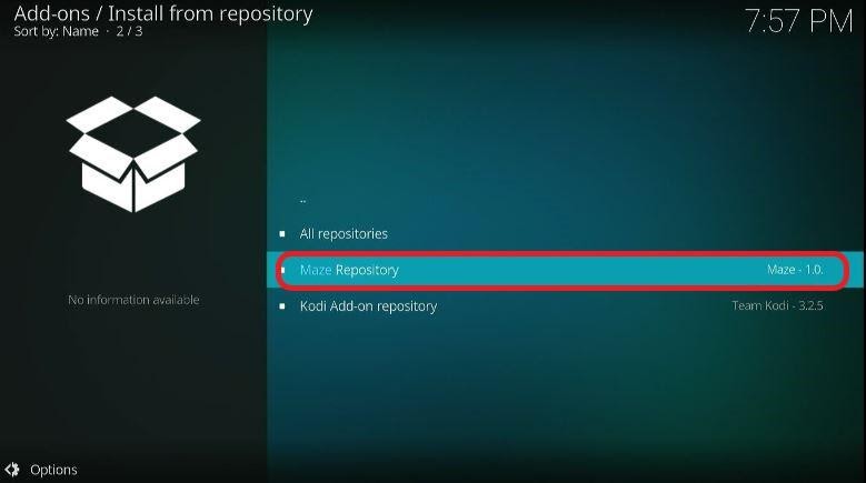 Kodi addons install from respository screen, Maze Repository highlighted