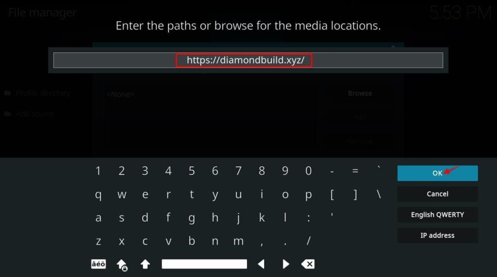 Kodi browse for media location type the source URL